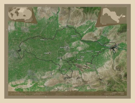 Téléchargez les photos : Andijon, région d'Ouzbékistan. Carte satellite haute résolution. Emplacements et noms des grandes villes de la région. Corner cartes de localisation auxiliaires - en image libre de droit