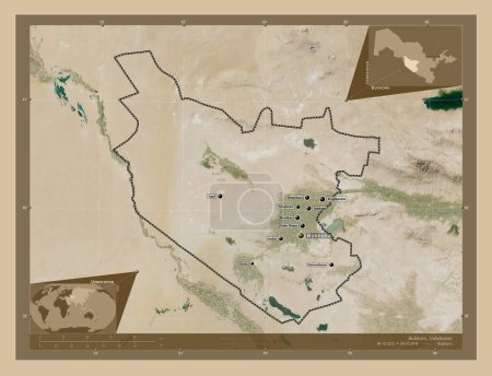 Téléchargez les photos : Bukhoro, région d'Ouzbékistan. Carte satellite basse résolution. Emplacements et noms des grandes villes de la région. Corner cartes de localisation auxiliaires - en image libre de droit