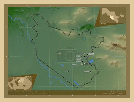 Téléchargez les photos : Bukhoro, région d'Ouzbékistan. Carte d'altitude colorée avec lacs et rivières. Emplacements et noms des grandes villes de la région. Corner cartes de localisation auxiliaires - en image libre de droit