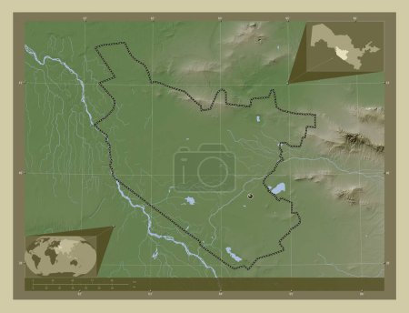 Téléchargez les photos : Bukhoro, région d'Ouzbékistan. Carte d'altitude colorée dans le style wiki avec des lacs et des rivières. Corner cartes de localisation auxiliaires - en image libre de droit