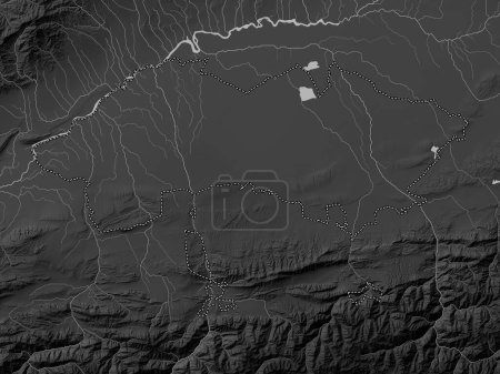 Téléchargez les photos : Ferghana, région d'Ouzbékistan. Carte d'altitude en niveaux de gris avec lacs et rivières - en image libre de droit