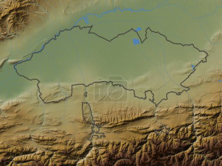 Téléchargez les photos : Ferghana, région d'Ouzbékistan. Carte d'altitude colorée avec lacs et rivières - en image libre de droit