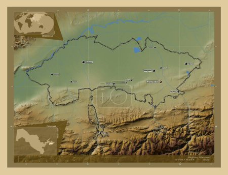 Téléchargez les photos : Ferghana, région d'Ouzbékistan. Carte d'altitude colorée avec lacs et rivières. Emplacements et noms des grandes villes de la région. Corner cartes de localisation auxiliaires - en image libre de droit
