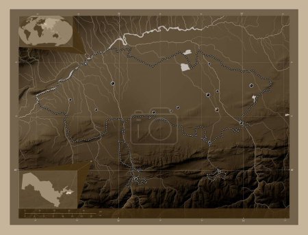 Photo for Ferghana, region of Uzbekistan. Elevation map colored in sepia tones with lakes and rivers. Locations of major cities of the region. Corner auxiliary location maps - Royalty Free Image