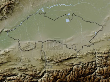 Téléchargez les photos : Ferghana, région d'Ouzbékistan. Carte d'altitude colorée dans le style wiki avec des lacs et des rivières - en image libre de droit