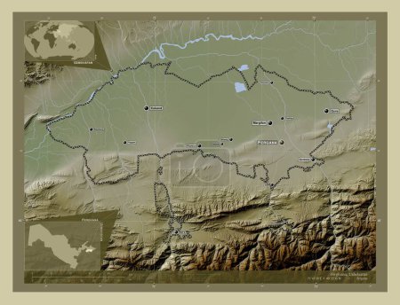 Téléchargez les photos : Ferghana, région d'Ouzbékistan. Carte d'altitude colorée dans le style wiki avec des lacs et des rivières. Emplacements et noms des grandes villes de la région. Corner cartes de localisation auxiliaires - en image libre de droit