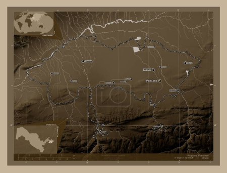 Téléchargez les photos : Ferghana, région d'Ouzbékistan. Carte d'altitude colorée dans des tons sépia avec des lacs et des rivières. Emplacements et noms des grandes villes de la région. Corner cartes de localisation auxiliaires - en image libre de droit