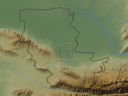 Téléchargez les photos : Kazakhstan, région de l'Ouzbékistan. Carte d'altitude colorée avec lacs et rivières - en image libre de droit