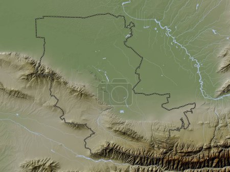 Téléchargez les photos : Kazakhstan, région de l'Ouzbékistan. Carte d'altitude colorée dans le style wiki avec des lacs et des rivières - en image libre de droit