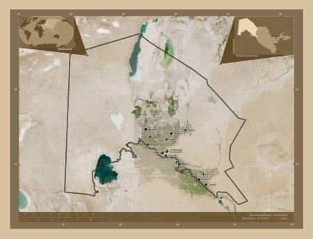 Téléchargez les photos : Karakalpakstan, région autonome d'Ouzbékistan. Carte satellite basse résolution. Emplacements et noms des grandes villes de la région. Corner cartes de localisation auxiliaires - en image libre de droit