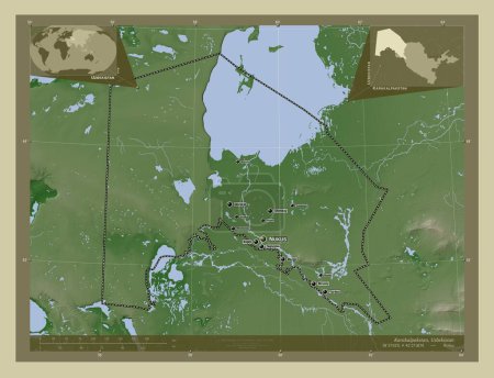Téléchargez les photos : Karakalpakstan, région autonome d'Ouzbékistan. Carte d'altitude colorée dans le style wiki avec des lacs et des rivières. Emplacements et noms des grandes villes de la région. Corner cartes de localisation auxiliaires - en image libre de droit