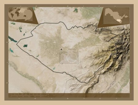 Téléchargez les photos : Kashkadarya, région d'Ouzbékistan. Carte satellite basse résolution. Corner cartes de localisation auxiliaires - en image libre de droit