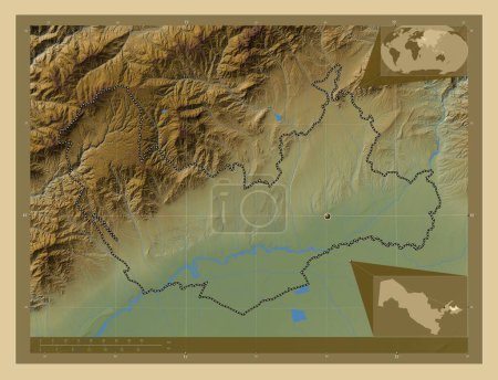 Foto de Namangan, región de Uzbekistán. Mapa de elevación de colores con lagos y ríos. Mapas de ubicación auxiliares de esquina - Imagen libre de derechos