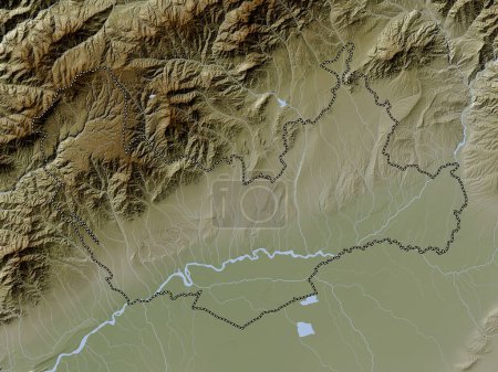 Foto de Namangan, región de Uzbekistán. Mapa de elevación coloreado en estilo wiki con lagos y ríos - Imagen libre de derechos