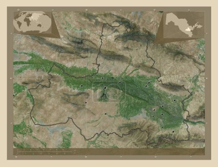 Téléchargez les photos : Samarkand, région d'Ouzbékistan. Carte satellite haute résolution. Emplacements des grandes villes de la région. Corner cartes de localisation auxiliaires - en image libre de droit