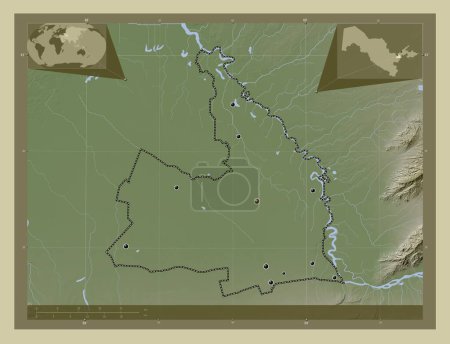 Téléchargez les photos : Sirdaryo, région d'Ouzbékistan. Carte d'altitude colorée dans le style wiki avec des lacs et des rivières. Emplacements des grandes villes de la région. Corner cartes de localisation auxiliaires - en image libre de droit
