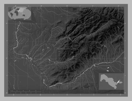 Photo for Tashkent, region of Uzbekistan. Grayscale elevation map with lakes and rivers. Locations of major cities of the region. Corner auxiliary location maps - Royalty Free Image
