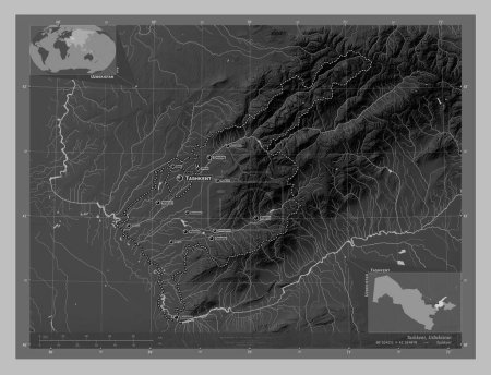Photo for Tashkent, region of Uzbekistan. Grayscale elevation map with lakes and rivers. Locations and names of major cities of the region. Corner auxiliary location maps - Royalty Free Image