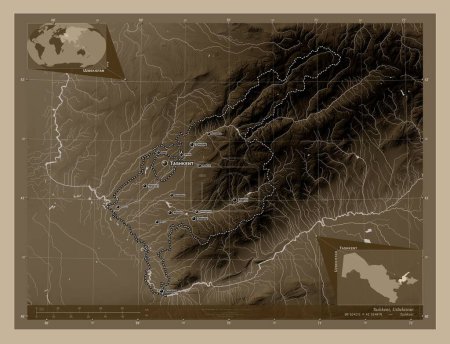 Photo for Tashkent, region of Uzbekistan. Elevation map colored in sepia tones with lakes and rivers. Locations and names of major cities of the region. Corner auxiliary location maps - Royalty Free Image