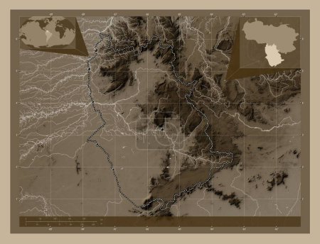 Photo for Amazonas, state of Venezuela. Elevation map colored in sepia tones with lakes and rivers. Locations of major cities of the region. Corner auxiliary location maps - Royalty Free Image
