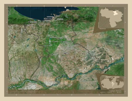 Foto de Anzoategui, estado de Venezuela. Mapa satelital de alta resolución. Ubicaciones y nombres de las principales ciudades de la región. Mapas de ubicación auxiliares de esquina - Imagen libre de derechos