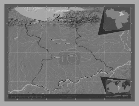Foto de Anzoategui, estado de Venezuela. Mapa de elevación de Bilevel con lagos y ríos. Ubicaciones y nombres de las principales ciudades de la región. Mapas de ubicación auxiliares de esquina - Imagen libre de derechos