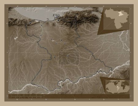 Photo for Anzoategui, state of Venezuela. Elevation map colored in sepia tones with lakes and rivers. Locations of major cities of the region. Corner auxiliary location maps - Royalty Free Image