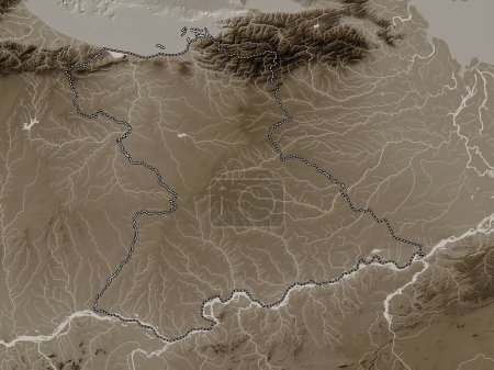 Téléchargez les photos : Anzoategui, État du Venezuela. Carte d'altitude colorée dans des tons sépia avec des lacs et des rivières - en image libre de droit