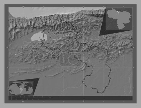 Foto de Aragua, estado de Venezuela. Mapa de elevación de Bilevel con lagos y ríos. Ubicaciones de las principales ciudades de la región. Mapas de ubicación auxiliares de esquina - Imagen libre de derechos