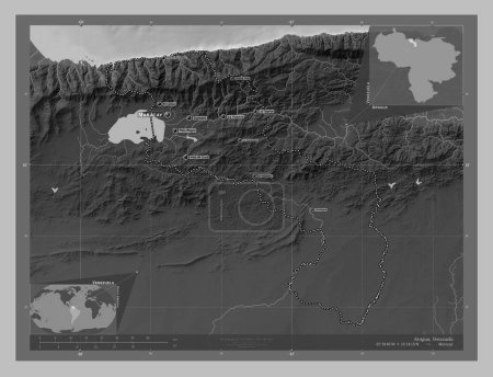 Foto de Aragua, estado de Venezuela. Mapa de elevación a escala de grises con lagos y ríos. Ubicaciones y nombres de las principales ciudades de la región. Mapas de ubicación auxiliares de esquina - Imagen libre de derechos