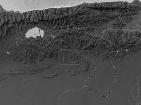 Téléchargez les photos : Aragua, État du Venezuela. Carte d'altitude en niveaux de gris avec lacs et rivières - en image libre de droit