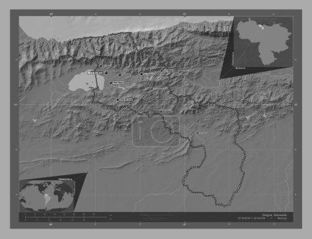 Foto de Aragua, estado de Venezuela. Mapa de elevación de Bilevel con lagos y ríos. Ubicaciones y nombres de las principales ciudades de la región. Mapas de ubicación auxiliares de esquina - Imagen libre de derechos