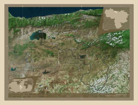 Foto de Aragua, estado de Venezuela. Mapa satelital de alta resolución. Ubicaciones y nombres de las principales ciudades de la región. Mapas de ubicación auxiliares de esquina - Imagen libre de derechos