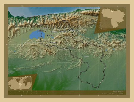 Foto de Aragua, estado de Venezuela. Mapa de elevación de colores con lagos y ríos. Ubicaciones y nombres de las principales ciudades de la región. Mapas de ubicación auxiliares de esquina - Imagen libre de derechos