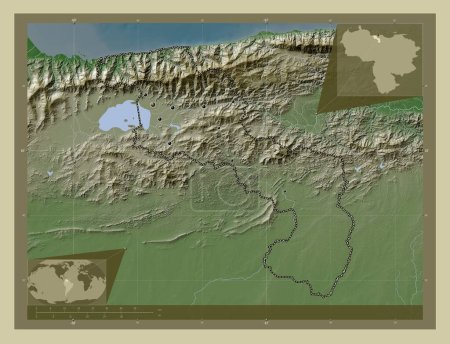 Foto de Aragua, estado de Venezuela. Mapa de elevación coloreado en estilo wiki con lagos y ríos. Ubicaciones de las principales ciudades de la región. Mapas de ubicación auxiliares de esquina - Imagen libre de derechos