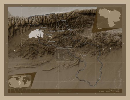 Téléchargez les photos : Aragua, État du Venezuela. Carte d'altitude colorée dans des tons sépia avec des lacs et des rivières. Emplacements et noms des grandes villes de la région. Corner cartes de localisation auxiliaires - en image libre de droit