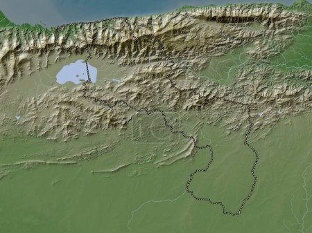 Téléchargez les photos : Aragua, État du Venezuela. Carte d'altitude colorée dans le style wiki avec des lacs et des rivières - en image libre de droit