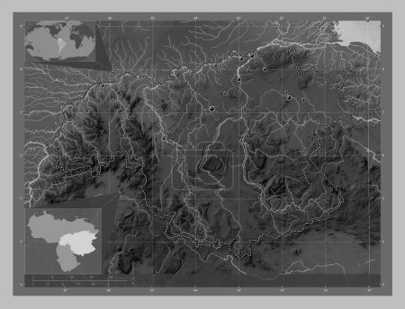 Photo for Bolivar, state of Venezuela. Grayscale elevation map with lakes and rivers. Locations of major cities of the region. Corner auxiliary location maps - Royalty Free Image