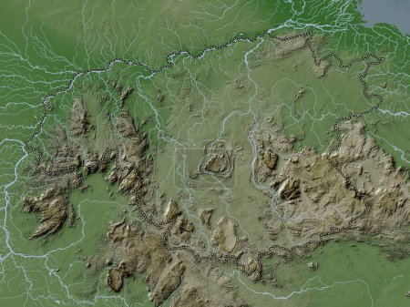 Foto de Bolívar, estado de Venezuela. Mapa de elevación coloreado en estilo wiki con lagos y ríos - Imagen libre de derechos