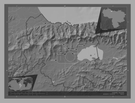 Foto de Carabobo, estado de Venezuela. Mapa de elevación de Bilevel con lagos y ríos. Ubicaciones y nombres de las principales ciudades de la región. Mapas de ubicación auxiliares de esquina - Imagen libre de derechos
