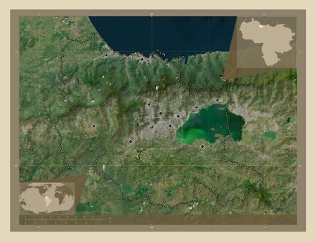 Foto de Carabobo, estado de Venezuela. Mapa satelital de alta resolución. Ubicaciones de las principales ciudades de la región. Mapas de ubicación auxiliares de esquina - Imagen libre de derechos