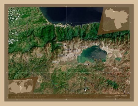 Foto de Carabobo, estado de Venezuela. Mapa satelital de baja resolución. Ubicaciones y nombres de las principales ciudades de la región. Mapas de ubicación auxiliares de esquina - Imagen libre de derechos