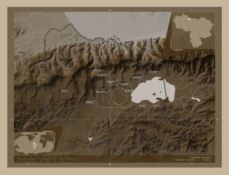 Photo for Carabobo, state of Venezuela. Elevation map colored in sepia tones with lakes and rivers. Locations and names of major cities of the region. Corner auxiliary location maps - Royalty Free Image