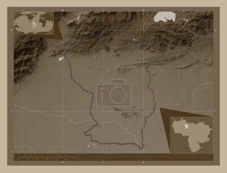 Photo for Cojedes, state of Venezuela. Elevation map colored in sepia tones with lakes and rivers. Corner auxiliary location maps - Royalty Free Image