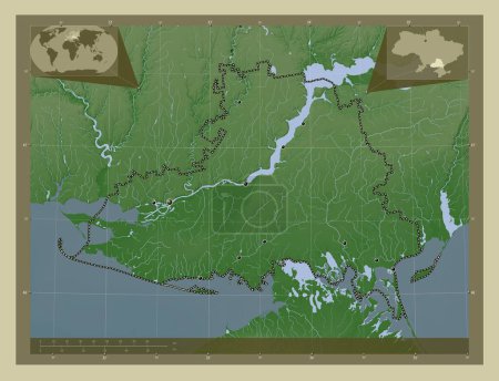 Foto de Kherson, región de Ucrania. Mapa de elevación coloreado en estilo wiki con lagos y ríos. Ubicaciones de las principales ciudades de la región. Mapas de ubicación auxiliares de esquina - Imagen libre de derechos