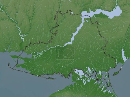 Foto de Kherson, región de Ucrania. Mapa de elevación coloreado en estilo wiki con lagos y ríos - Imagen libre de derechos