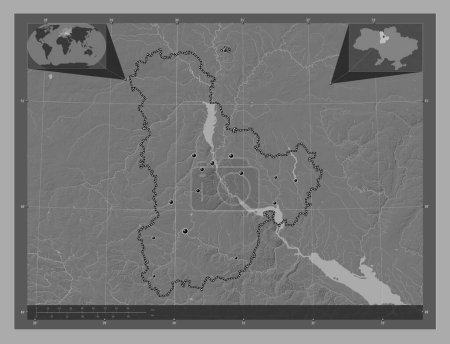Foto de Kiev, región de Ucrania. Mapa de elevación de Bilevel con lagos y ríos. Ubicaciones de las principales ciudades de la región. Mapas de ubicación auxiliares de esquina - Imagen libre de derechos