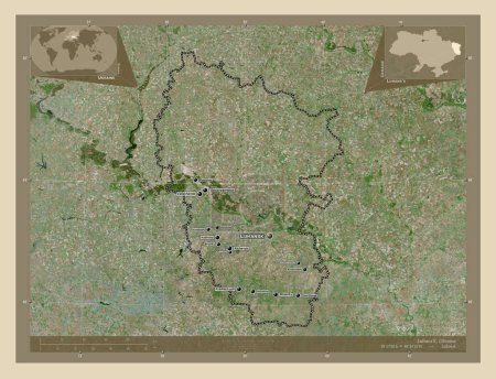 Photo for Luhans'k, region of Ukraine. High resolution satellite map. Locations and names of major cities of the region. Corner auxiliary location maps - Royalty Free Image