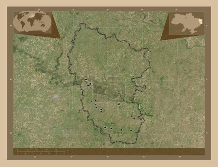 Foto de Luhans 'k, región de Ucrania. Mapa satelital de baja resolución. Ubicaciones de las principales ciudades de la región. Mapas de ubicación auxiliares de esquina - Imagen libre de derechos