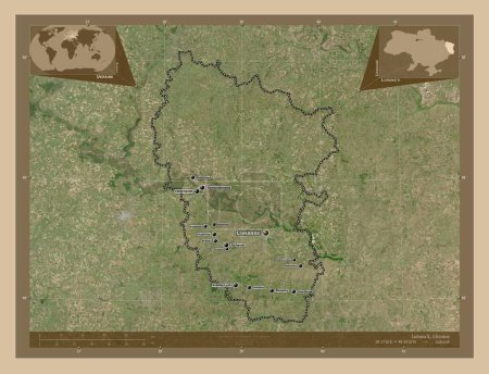Photo for Luhans'k, region of Ukraine. Low resolution satellite map. Locations and names of major cities of the region. Corner auxiliary location maps - Royalty Free Image